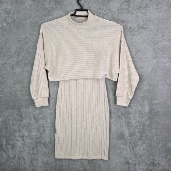 Womens 2pc SHEIN Cream Ribbed Mock Layer Dress Long Sleeve Bodycon Size S - Picture 2 of 11